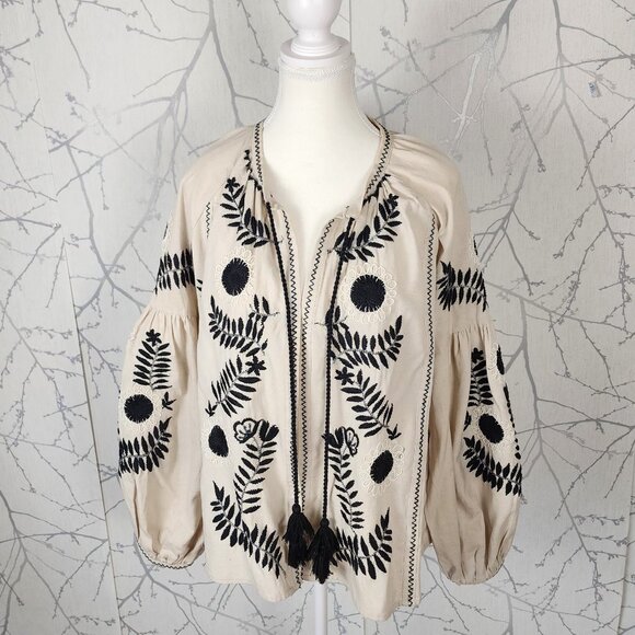 Zara Beige Floral Embroidered Cotton Linen Tassel Lantern Sleeve Jacket - Picture 1 of 8
